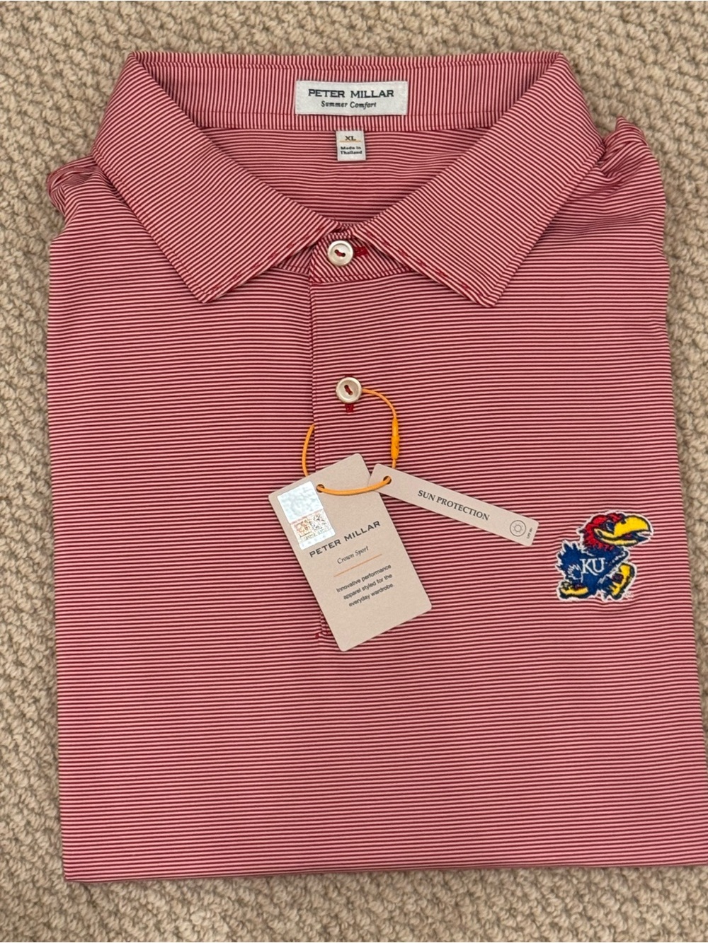 Peter Millar Red and White Striped Polo with KU Jayhawk Embroidery